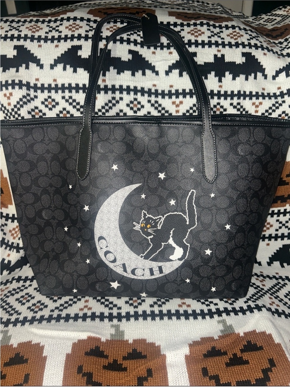 Coach Black Signature Moon & Cat Tote with White Accents💕